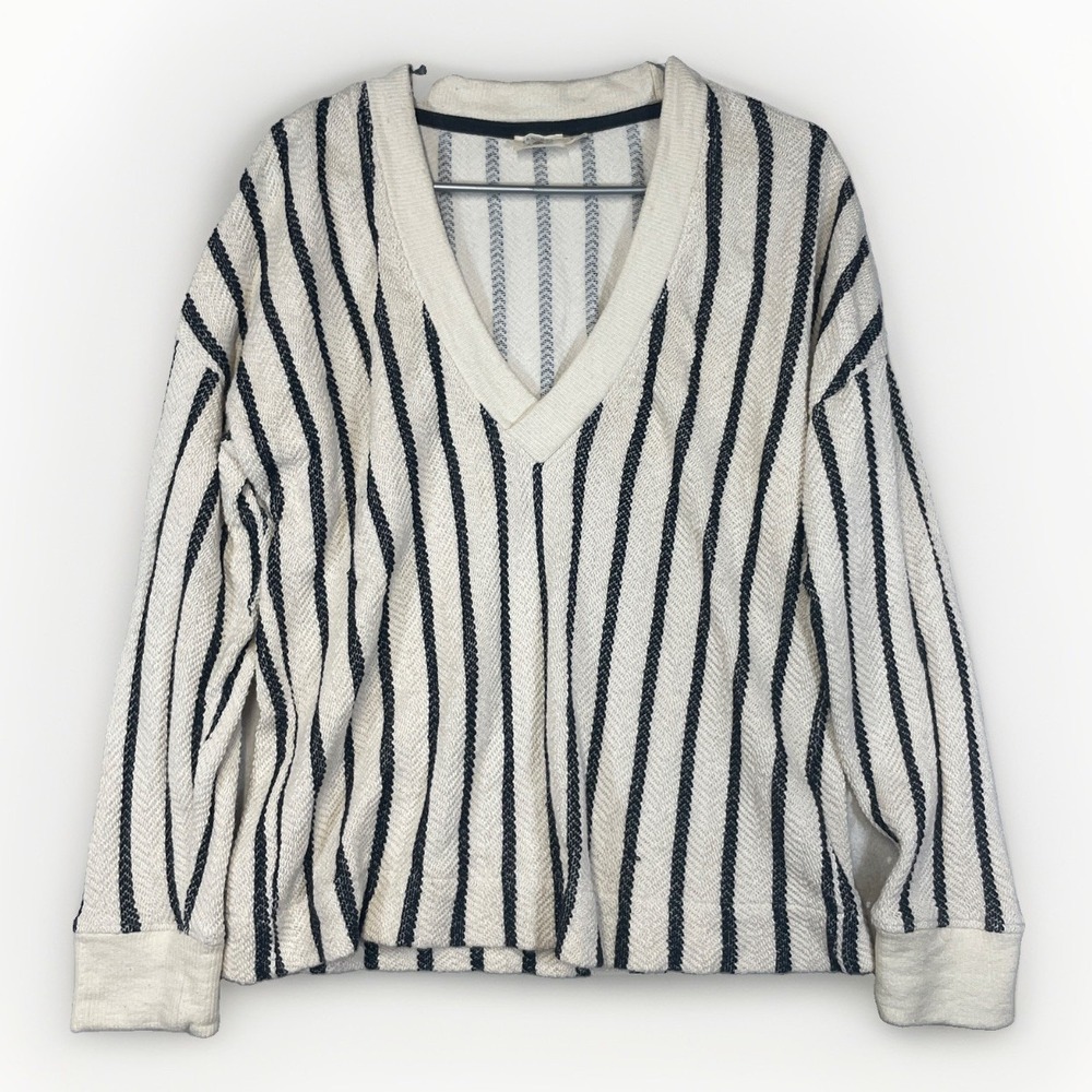 Faherty Women's S Dockside V-Neck Sweatshirt Top Ivory Black Moon Shadow Stripe